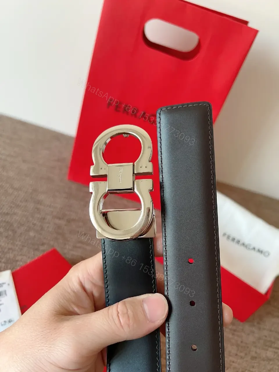 View 5 of Statement Black Leather Belt with Double-Circle Buckle