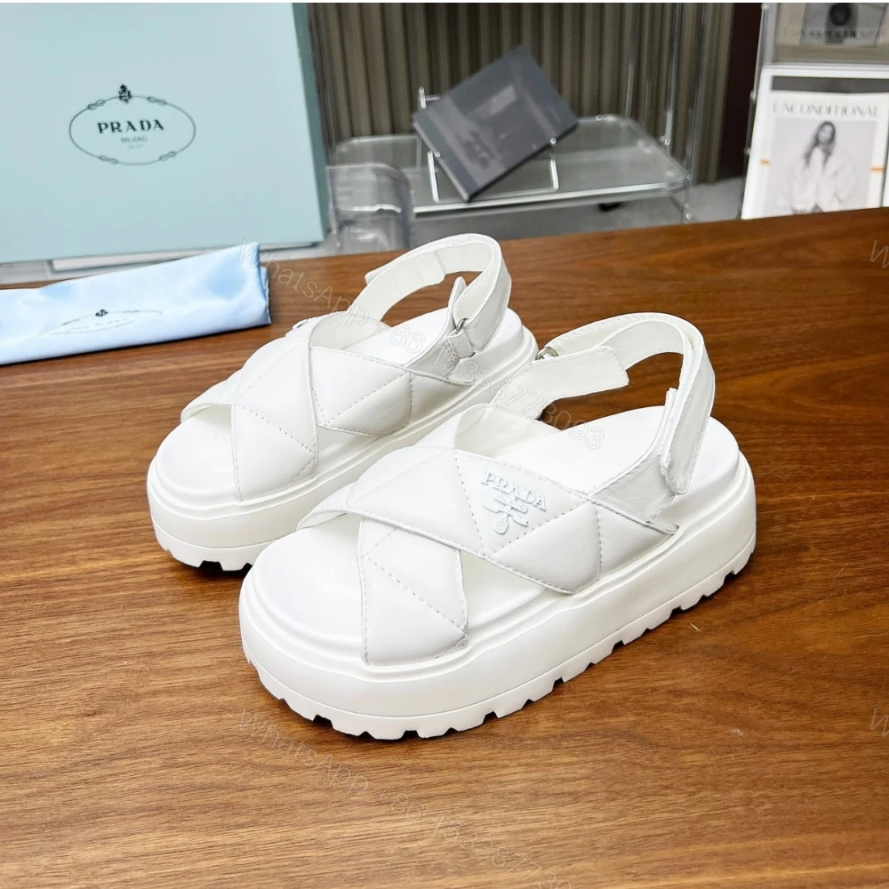 View 3 of PRADA NAPPA LEATHER CRISSCROSS FLATFORM SANDALS IVORY 1XZ777 038 F0304 F 045