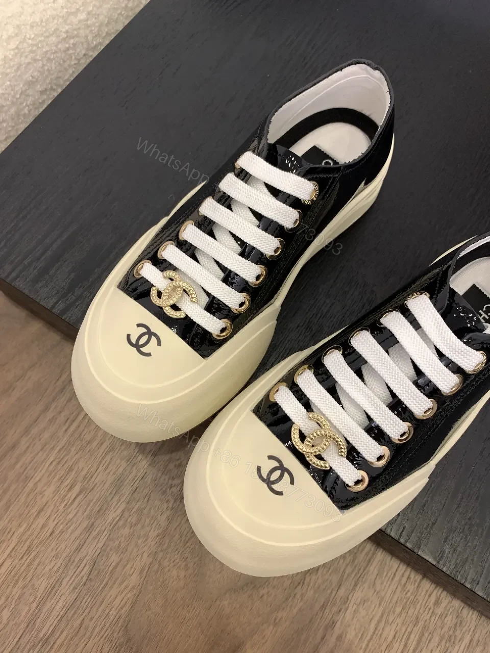 View 3 of Glossy Black Patent Sneaker with Cream Toe Cap - Luxe High-Top