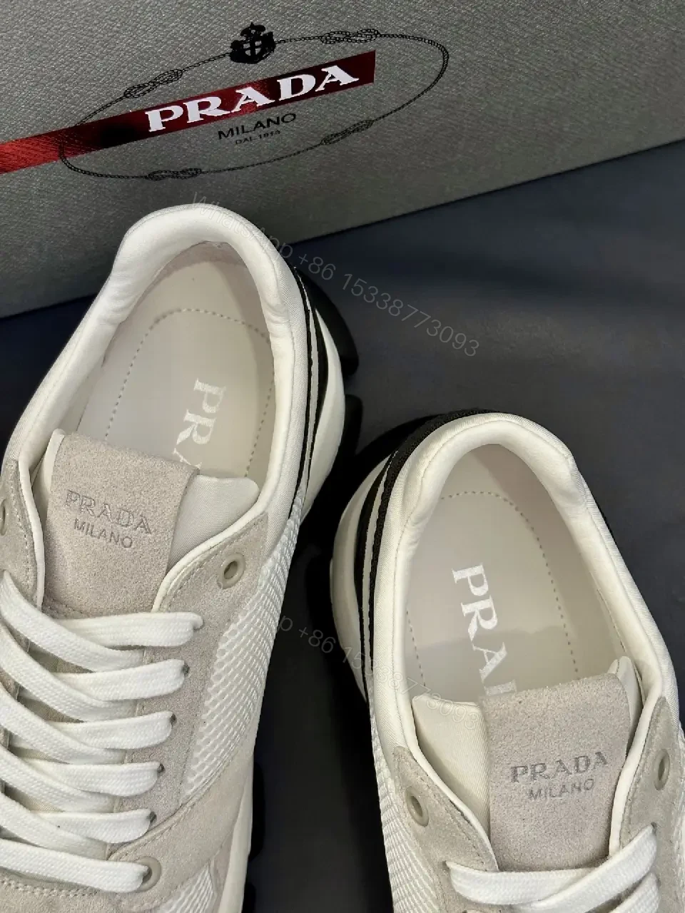 View 2 of Beige Leather Mesh Runner Sneaker with Black Accent, Prada Style