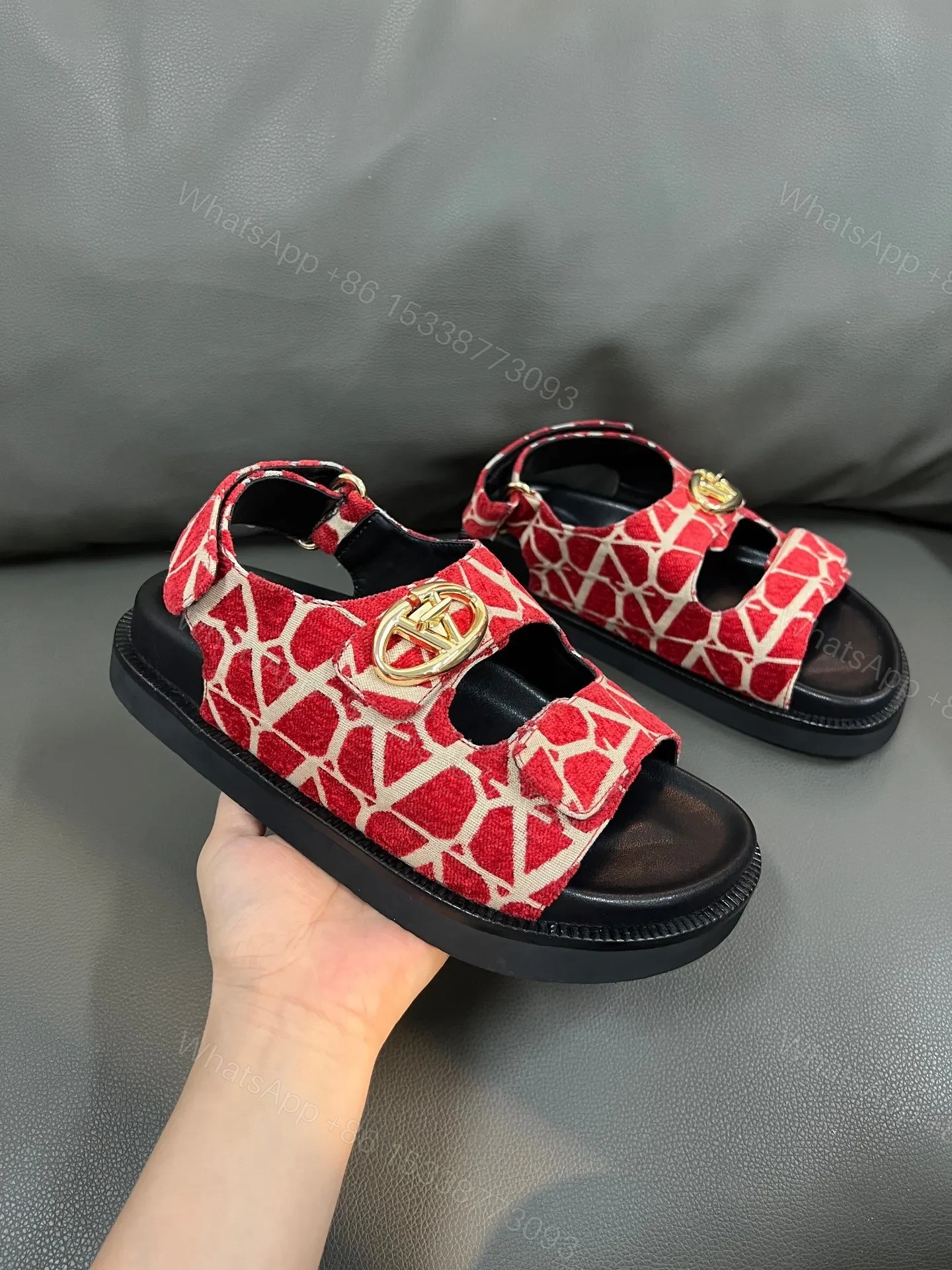 View 5 of Valentino Women Red Patterned Fabric Sandals