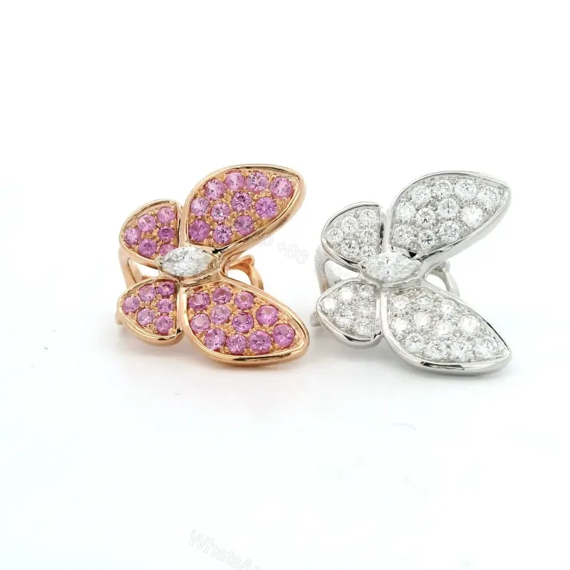 View 2 of 18K Gold Two Butterfly Diamond Pink Sapphires Earrings
