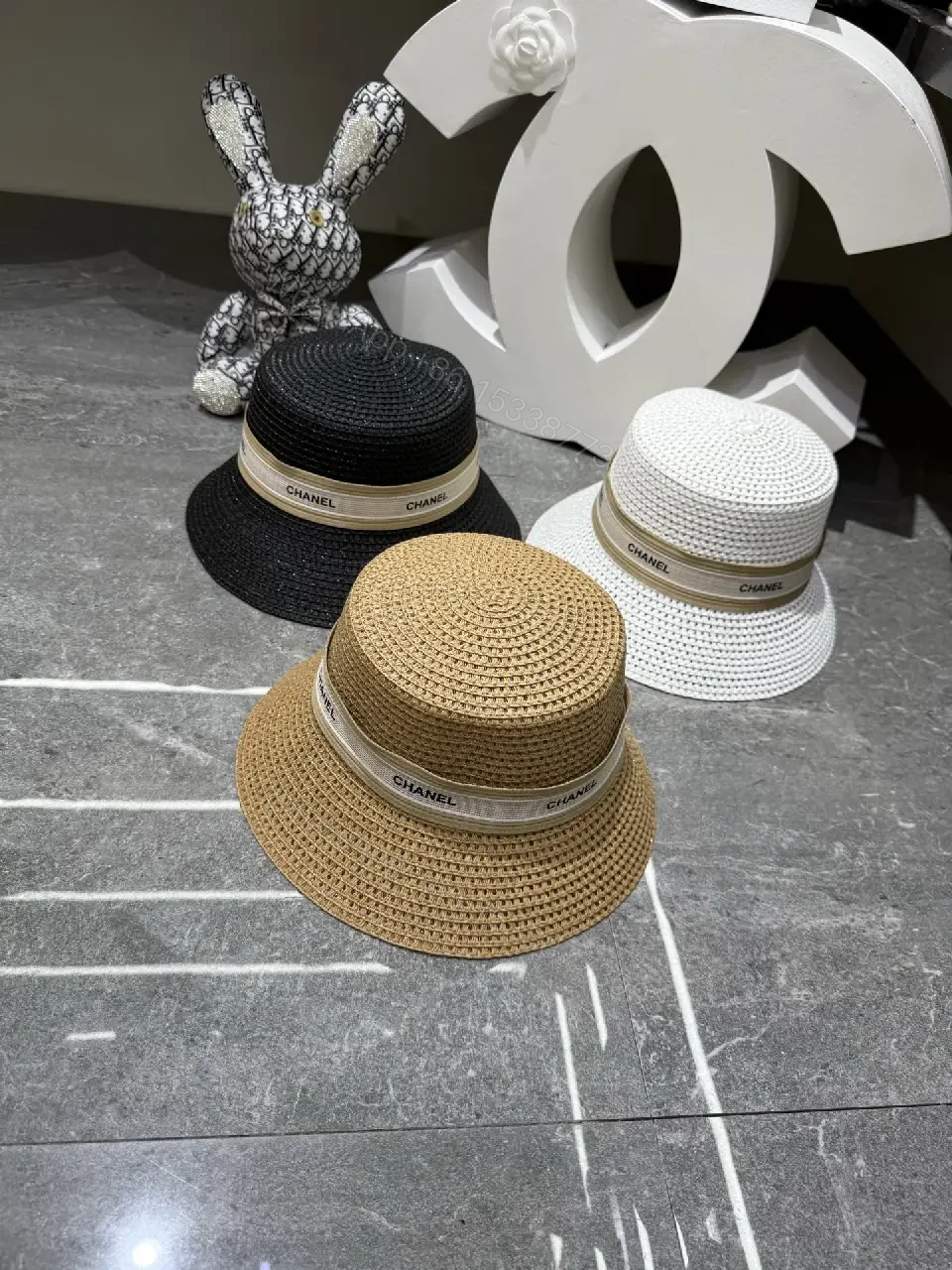 View 5 of Black/White Beigewide Fedora Hat with Chanel Band, Straw