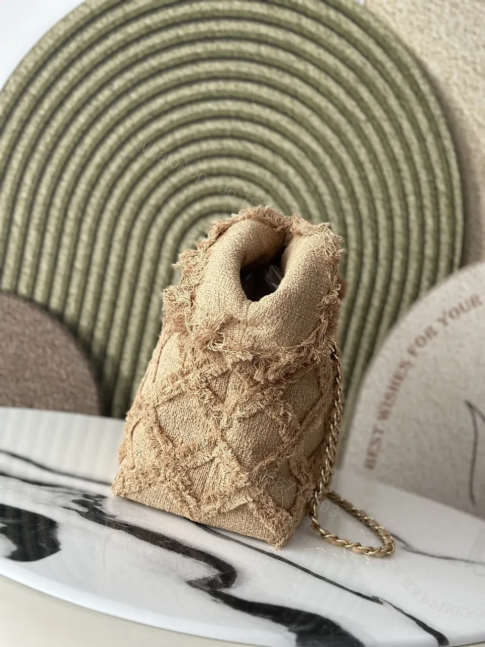 View 2 of Textured Beige Quilted Linen Mini Bag: Distressed Edge Luxury