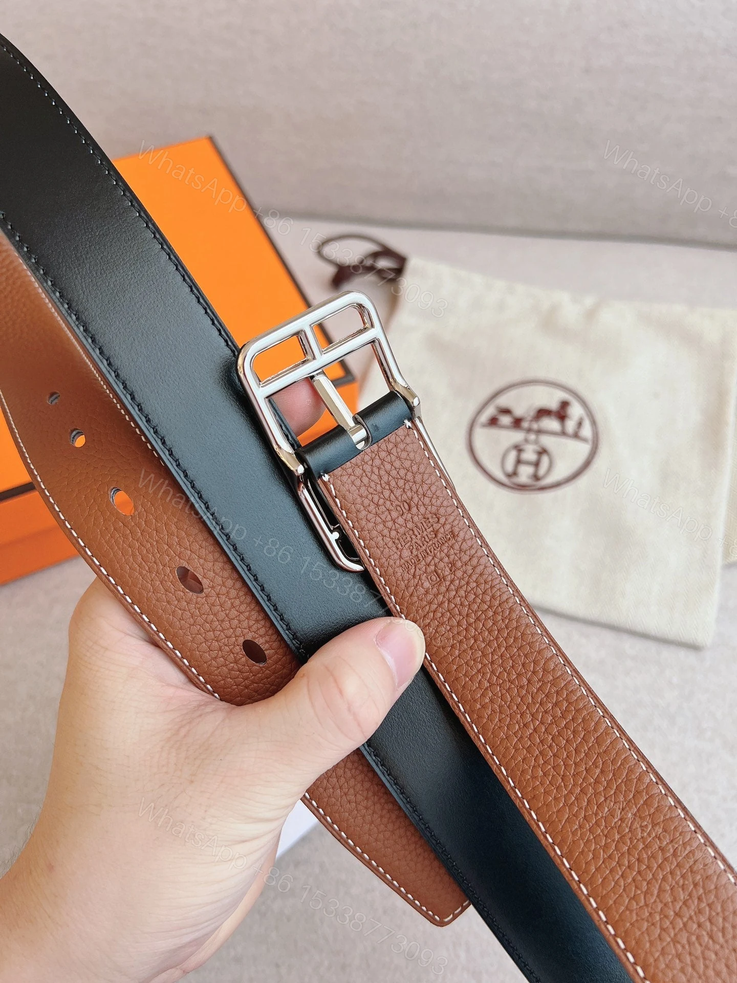 View 4 of HERMES QUENTIN REVERSIBLE BELT BROWN RECTANGLE BUCKLE 32MM