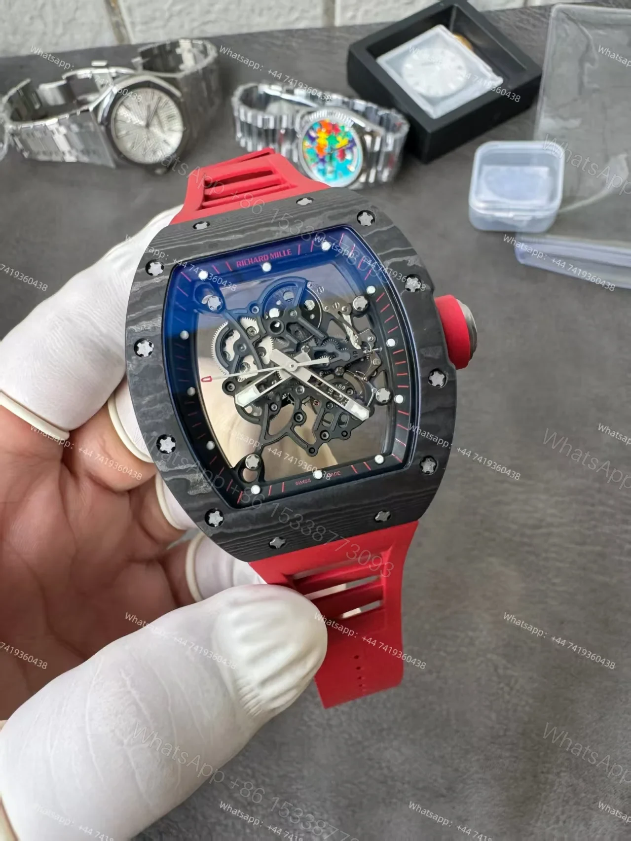 View 10 of Richard Mille RM 055 Carbon TPT Skeleton Vaucher Free-Sprung Movement Red Rubber Strap Custom Super Clone