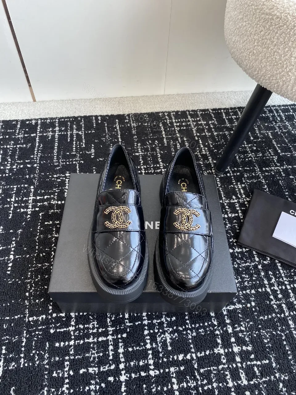 View 9 of Quilted Velvet Loafers: Gold Logo, Black Patent, Luxe Style