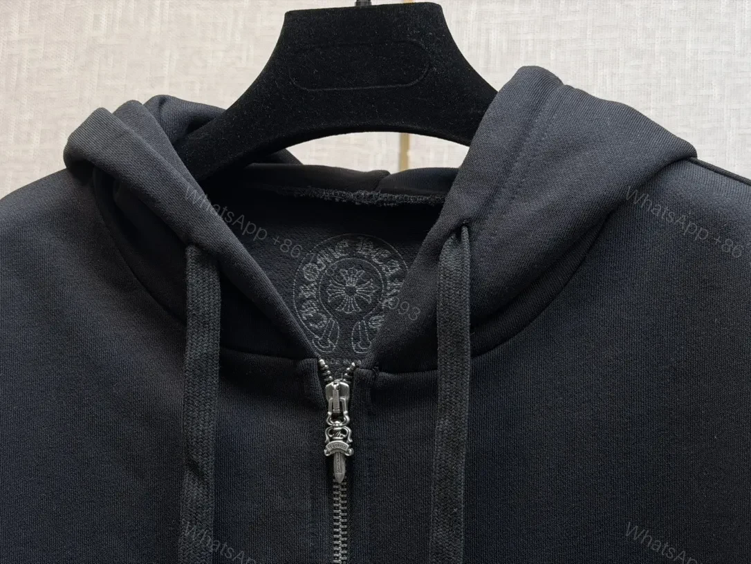 View 7 of Premium Black Zip Hoodie with Ornate Sleeve Embellishments