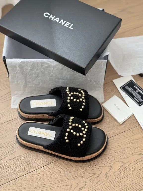 View 4 of Chanel-Inspired Black Knit Slides with Gold Logo Accents