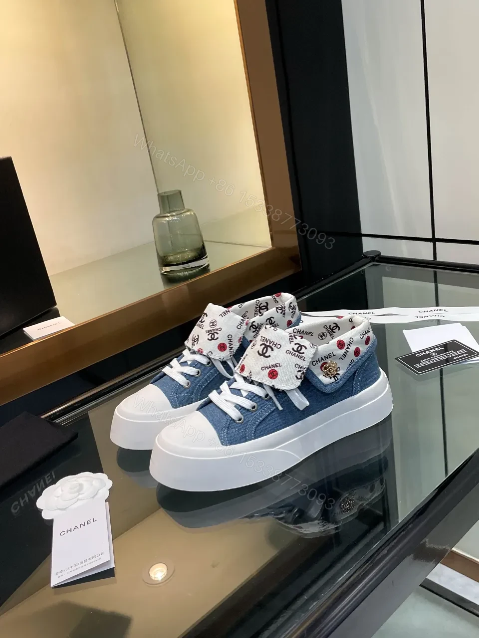 View 7 of Chic Denim High-Top Sneakers with Logo Cuff