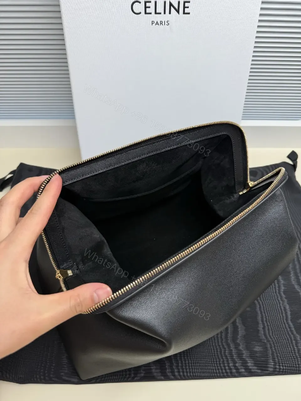 View 7 of Black Leather Minimalist Satchel with Gold Hardware, Structured
