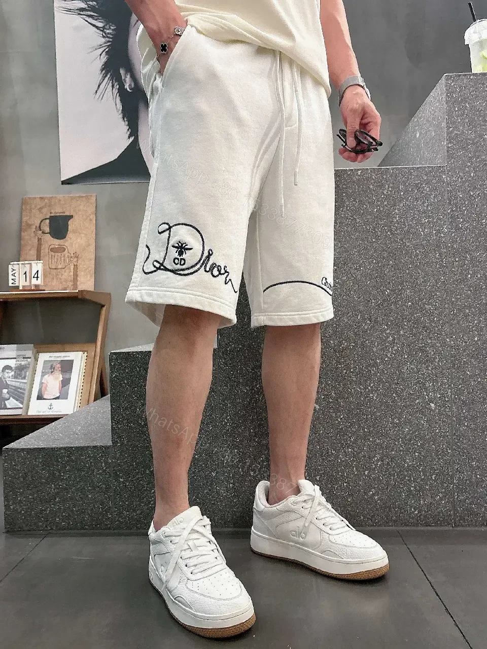 View 9 of White Knit Shorts Cotton Blend Casual Embroidered Script Short pants