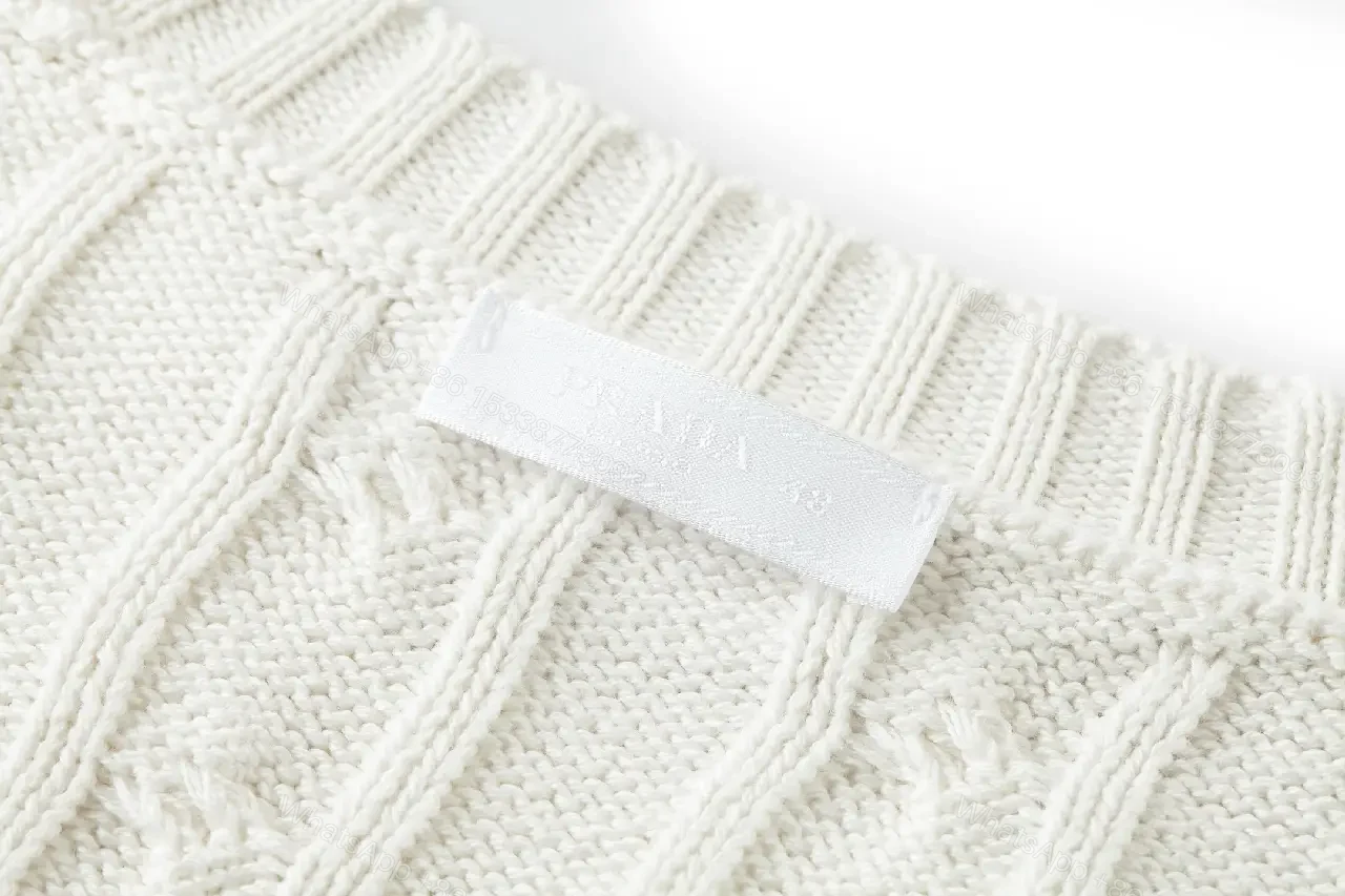View 9 of Off-White Cream Cable-Knit Crew Neck Sweater with Logo Emblem