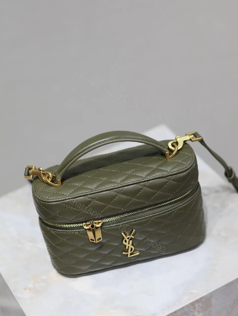 View 9 of Compact Olive Quilted Crossbody with Gold Hardware