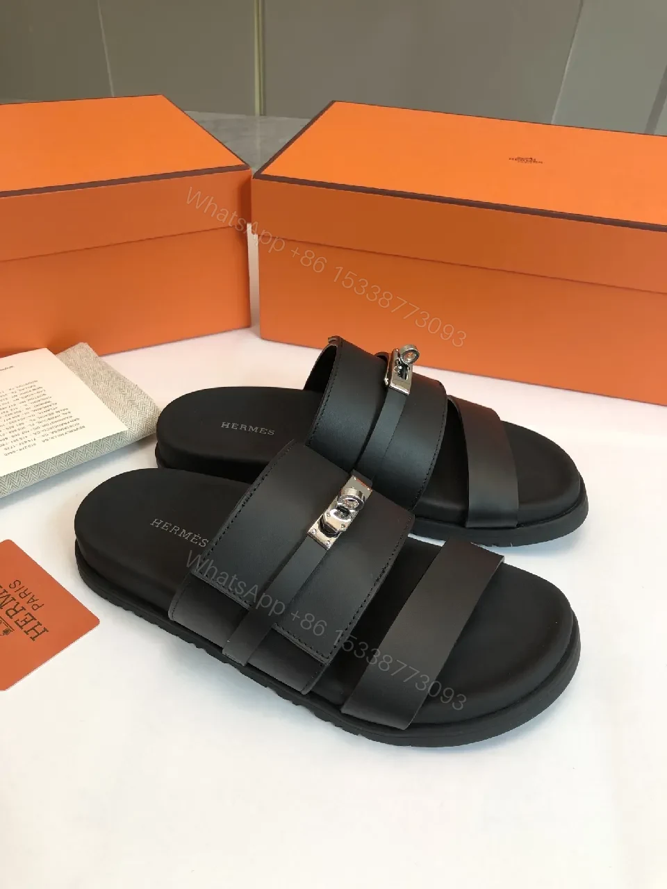View 5 of Matte Black Leather Sandals with Signature Hardware