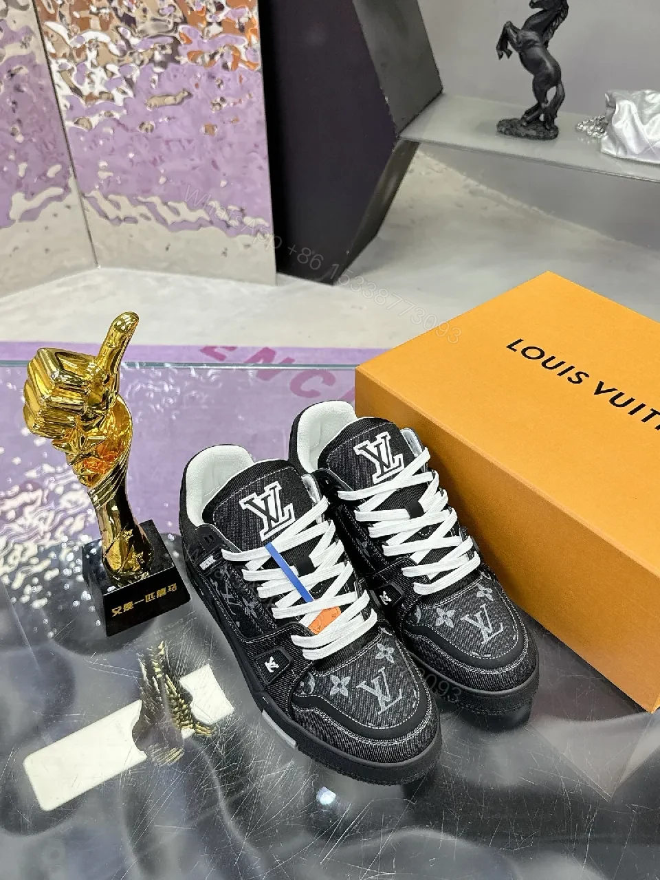 View 9 of Bold Black Denim-Textured Sneakers with LV Monogram