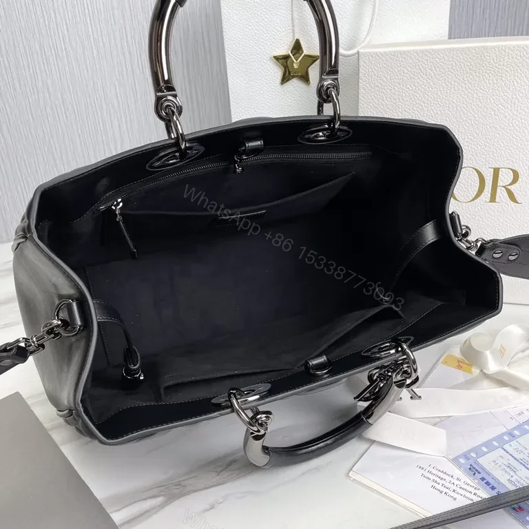 View 4 of Black Leather Faux Dior Handbag: Diamond Quilted, Silver Hardware, D&R Charm, Top Handles/Shoulder Strap