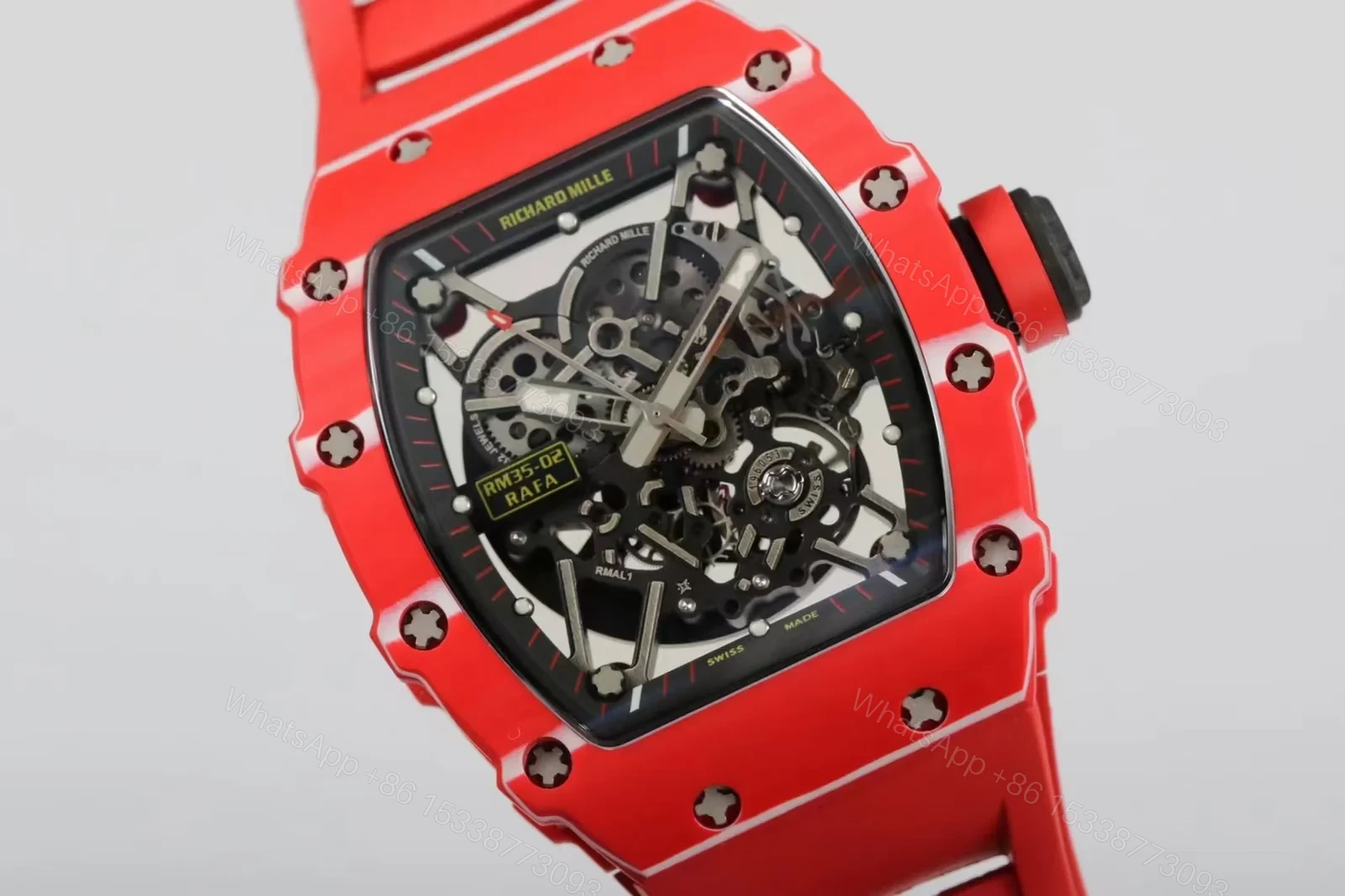 View 4 of Richard Mille RM35-02 Automatic Skeleton Watch Red Carbon Fiber Case Red Strap RMAL1 Movement White Gemstone Shock Absorber Premium Edition RM-RM35-02-RED-RED-SKL