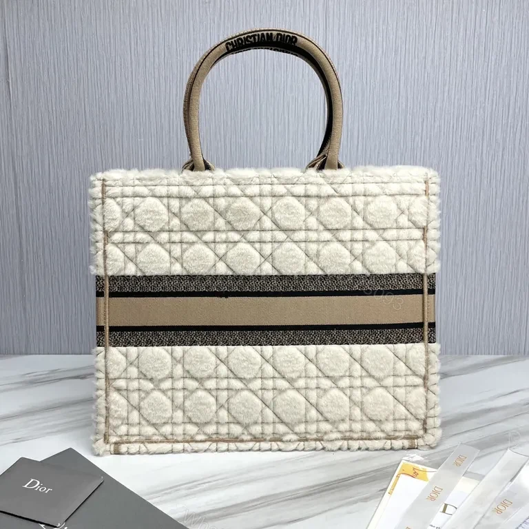 View 5 of Cream Shearling Dior Tote â€” Textured Luxury with Bold Signature Band