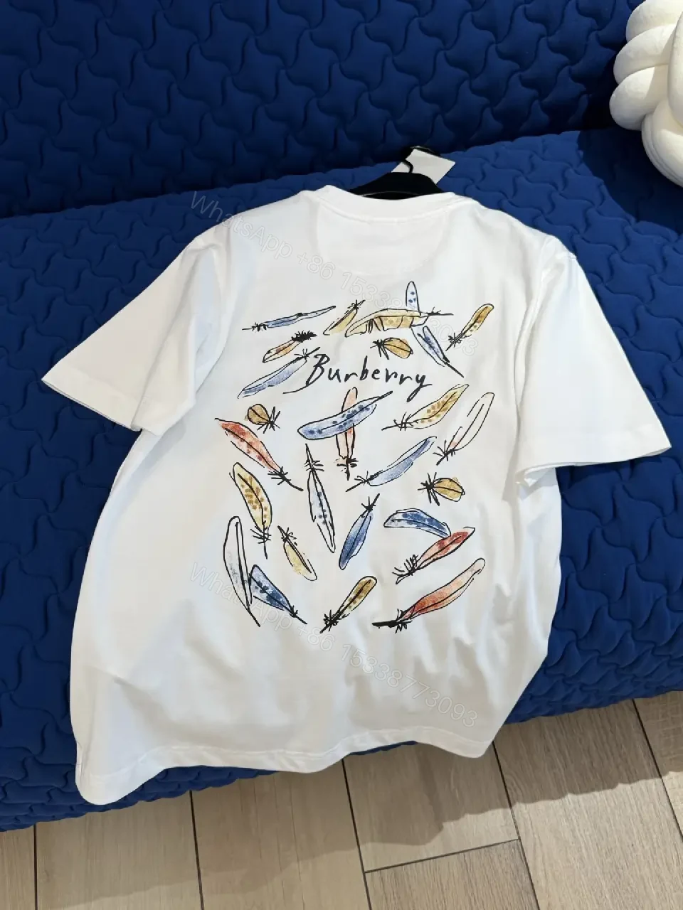 View 8 of White Cotton Oversized T-Shirt with Burberry Graphic Front