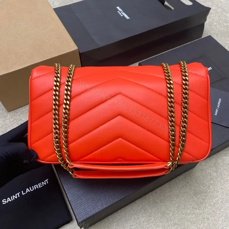 View 2 of Red Quilted Leather Crossbody with Gold YSL Logo