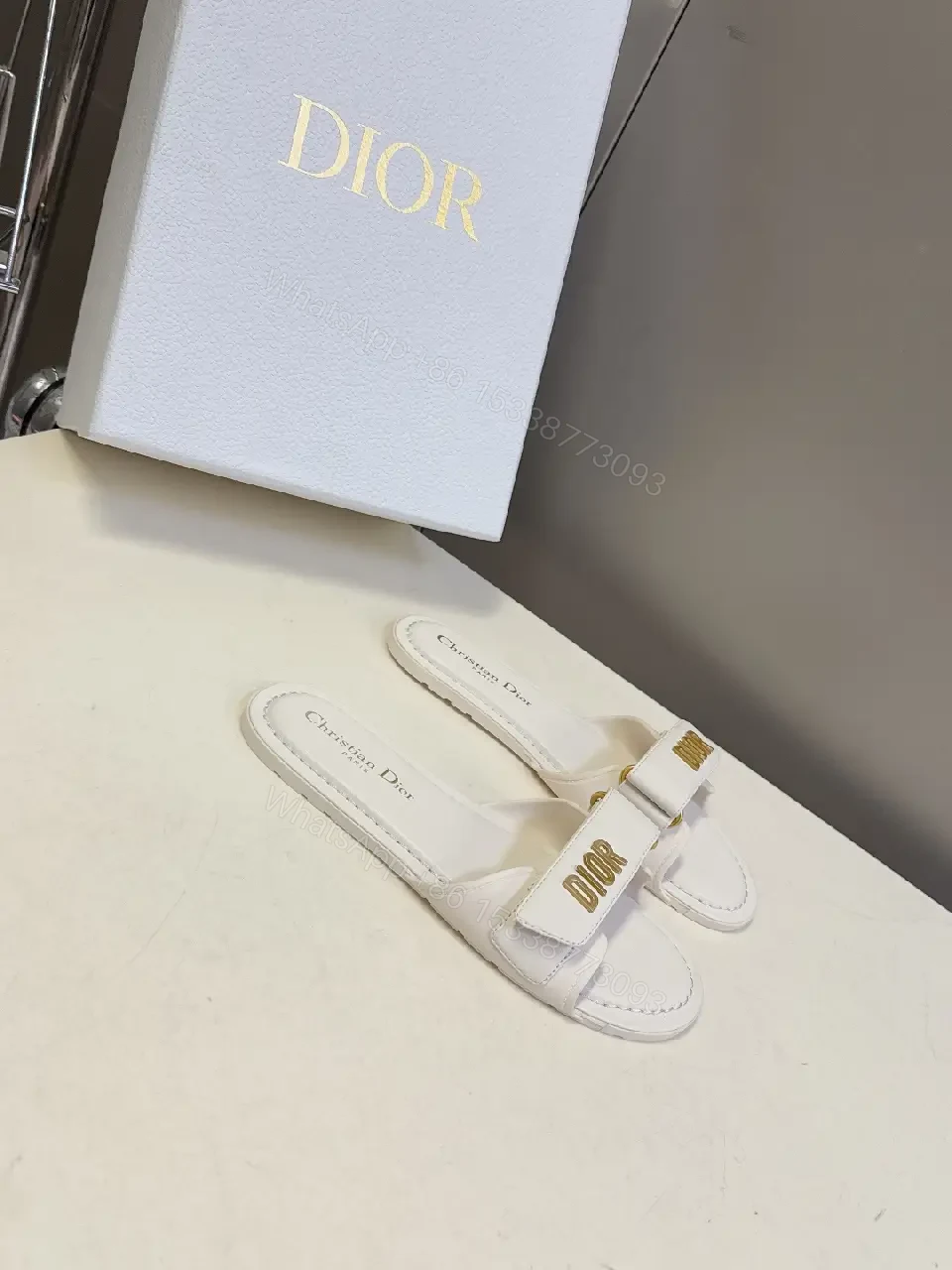 View 10 of White Leather Sandals: Luxe Minimalist Dior-Logo Strap Sandals