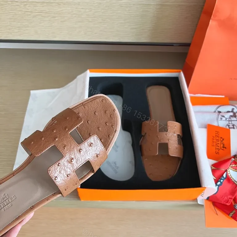 View 2 of Ostrich-Embossed Hermes-Style Sandals: Refined Comfort