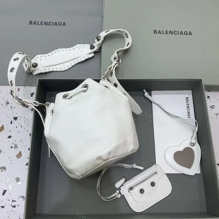 View 7 of White Textured Bucket Bag: Calfskin, Balenciaga-Inspired Luxury Bag