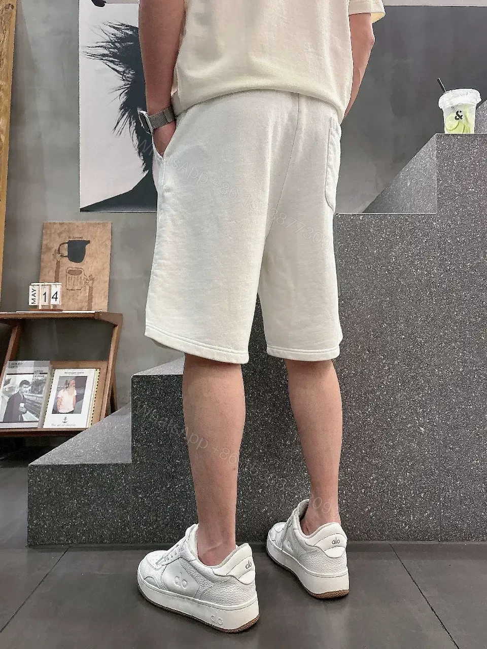 View 10 of White Knit Shorts Cotton Blend Casual Embroidered Script Short pants