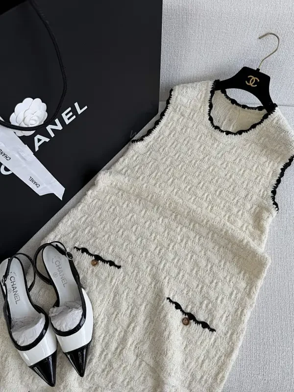 Textured Knit Dress: Cream, Bouclé, Sleeveless, Luxe Trim, Midi Dress — view 1