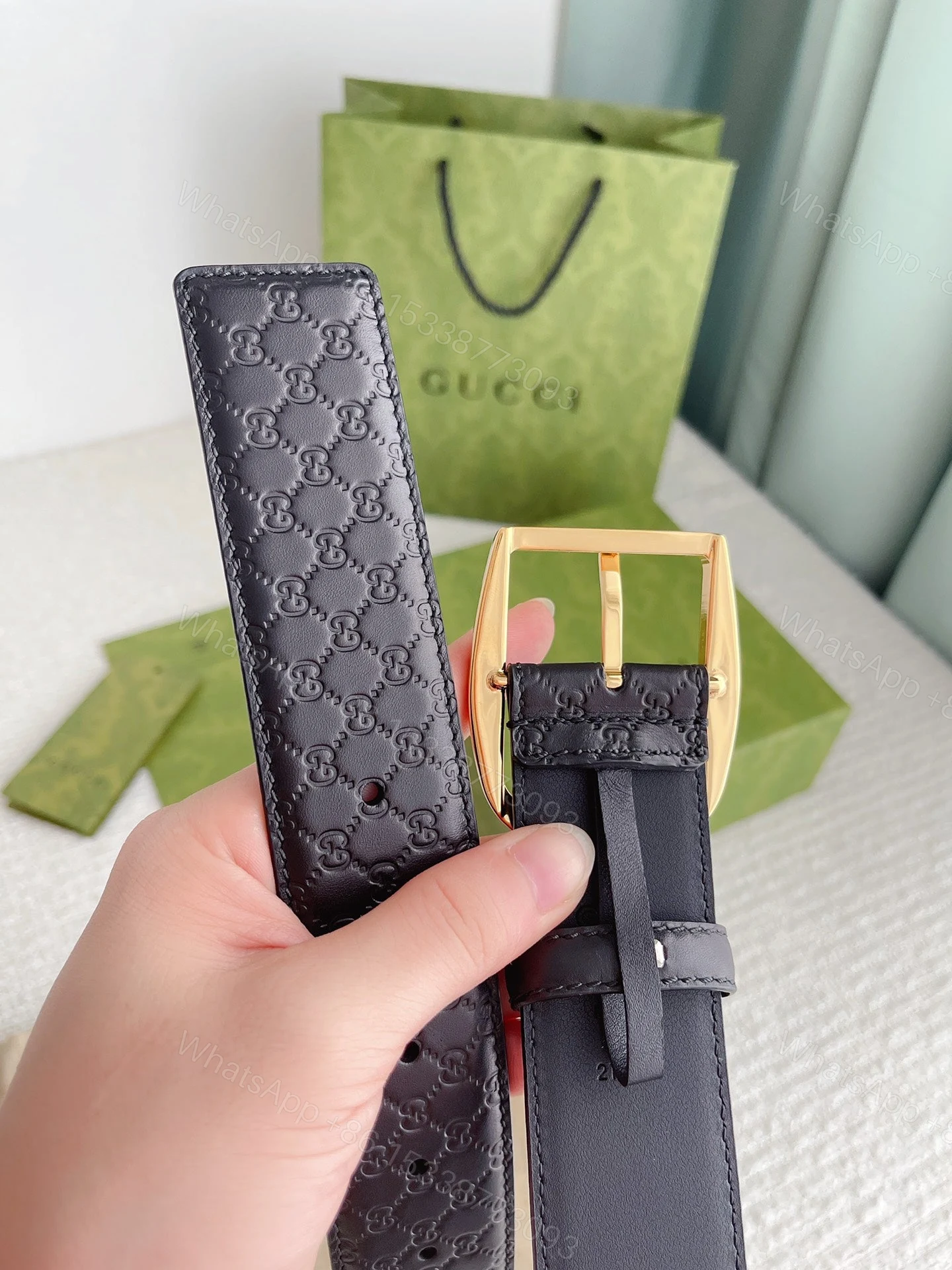 View 4 of GUCCI CALFSKIN MONOGRAM BLACK BELT GOLD METAL 4CM