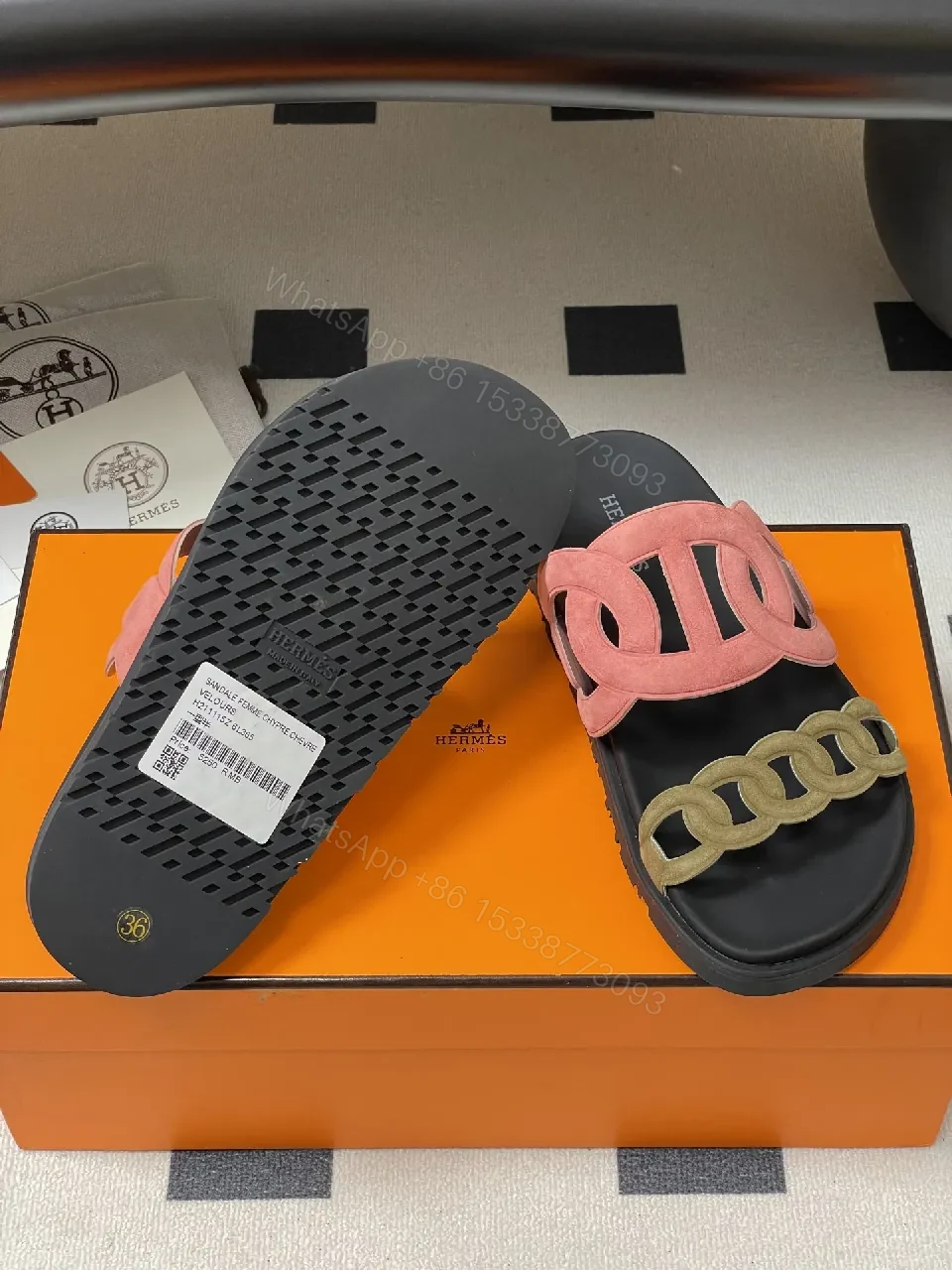 View 3 of Soft-Statement Sandals with Chain Straps: Pink & Beige Suede Style