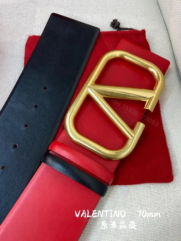 View 2 of Bold Red Belt with Gold V Buckle - Valentino Garavani 70mm Leather Belt