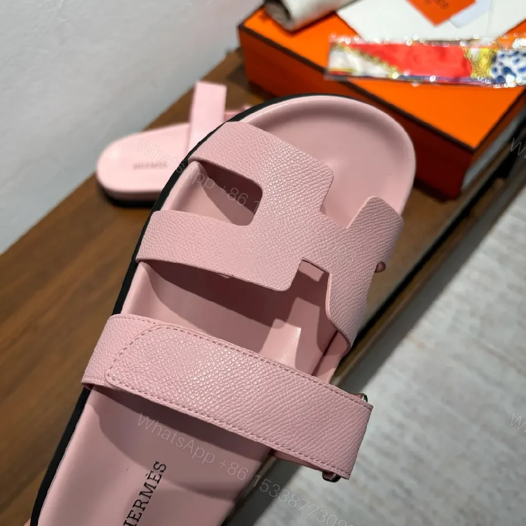 View 4 of Pink Leather Slides with Signature Hardware Luxury Comfort