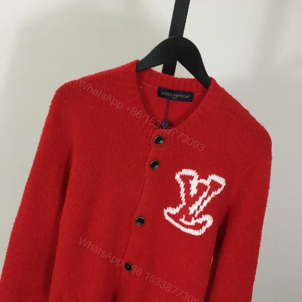 View 6 of Bold Red Cardigan with Luxe Logo Emblem - Cozy, Everyday Chic