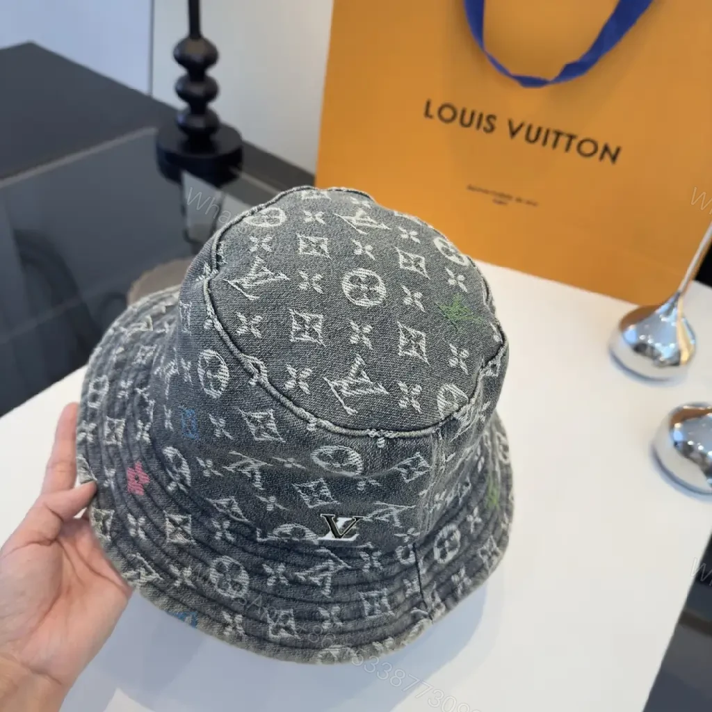View 2 of Grey Denim-Feel Bucket Hat Monogram Detail, Unisex Style