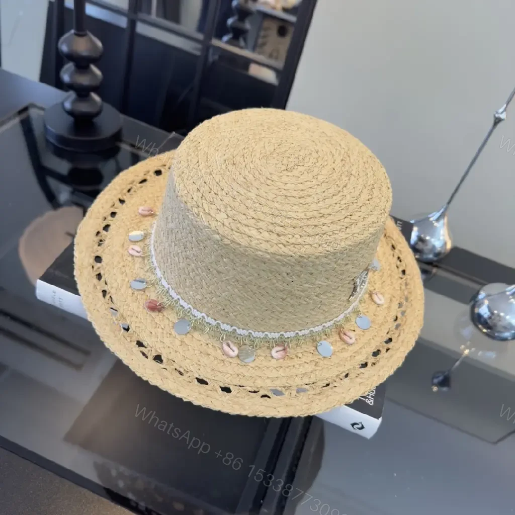 View 8 of Natural Beige Straw Boater Hat with Silver LV Charm, Chic Wide Brim