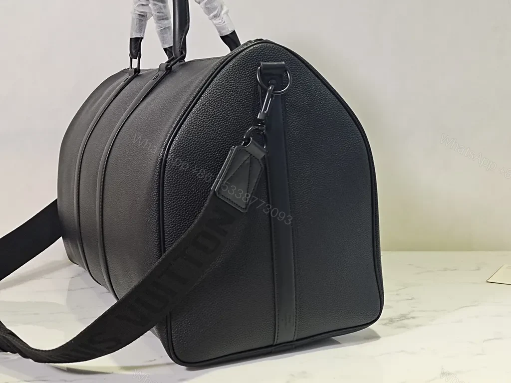 View 6 of Executive Black Duffle: Pebble Leather, LV-Inspired Travel Bag