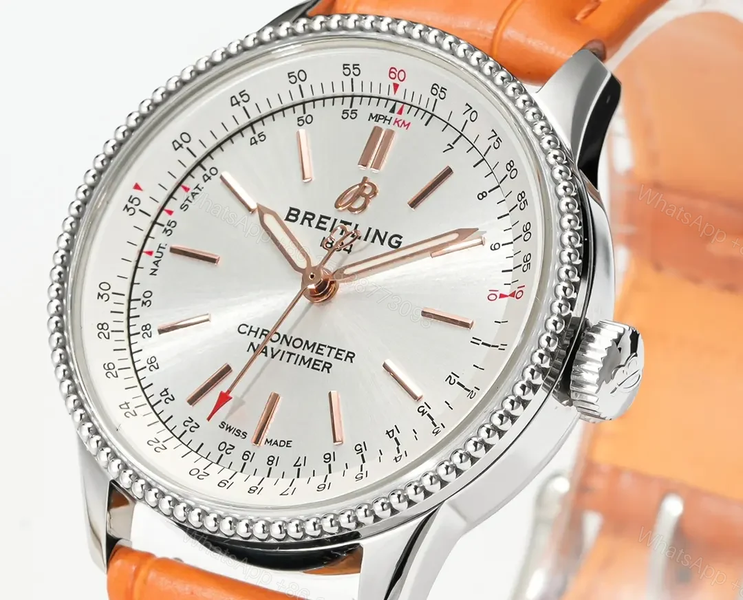View 4 of V9 Factory Breitling Women’s Navitimer Automatic Watch – Silver Dial, Orange Leather Strap, 35mm Stainless Steel Case