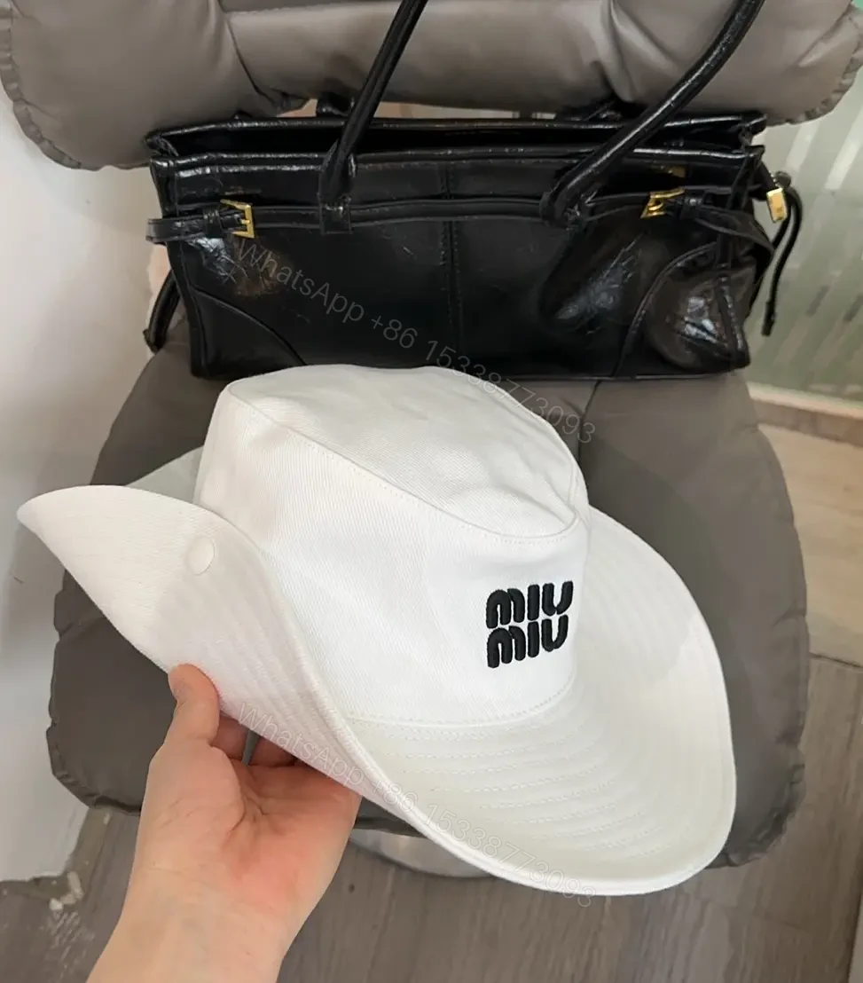 View 5 of White Cotton Wide-Brim Embroidered Logo Hat
