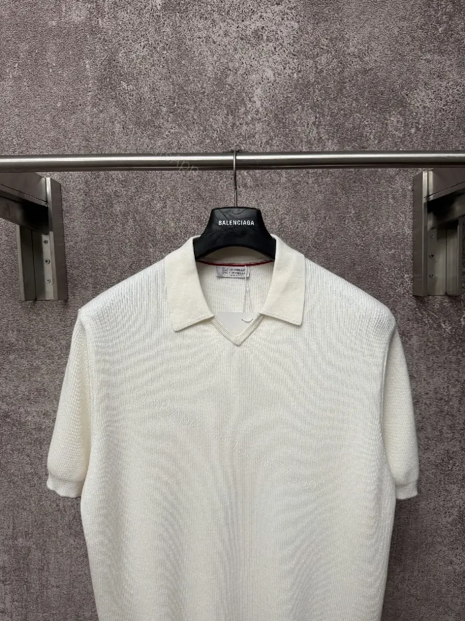 View 3 of Off-White Cream Ribbed Knit Polo Sweater, Short Sleeve, Drop-Shoulder