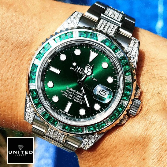 View 7 of Rolex Submariner Hulk 116610LV Diamond Green Dial Iced Out Replica