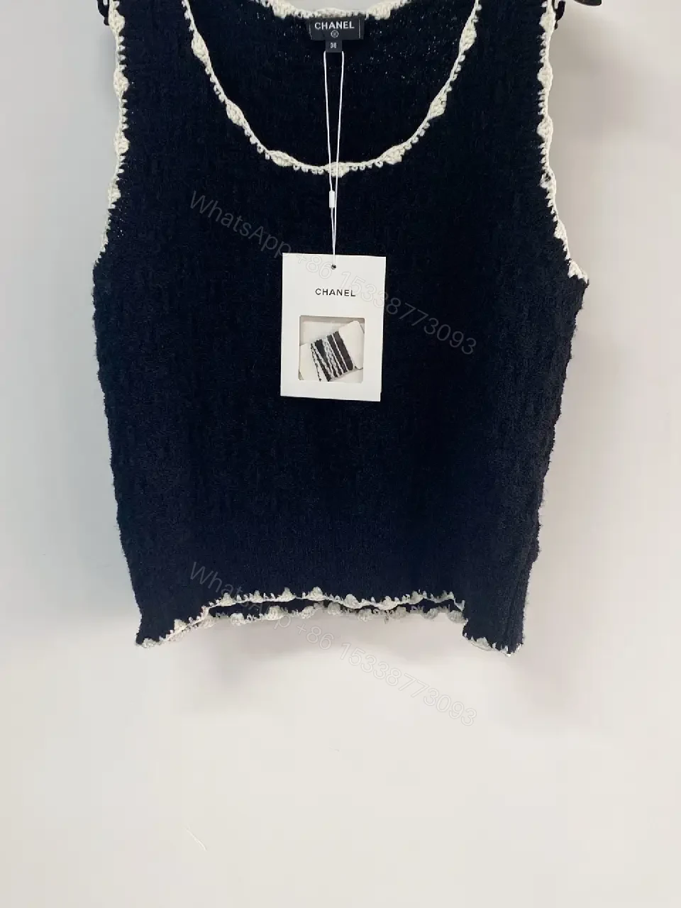 View 4 of Navy Boucle Knit Tank with Fringe Trim – Luxe Studio Style