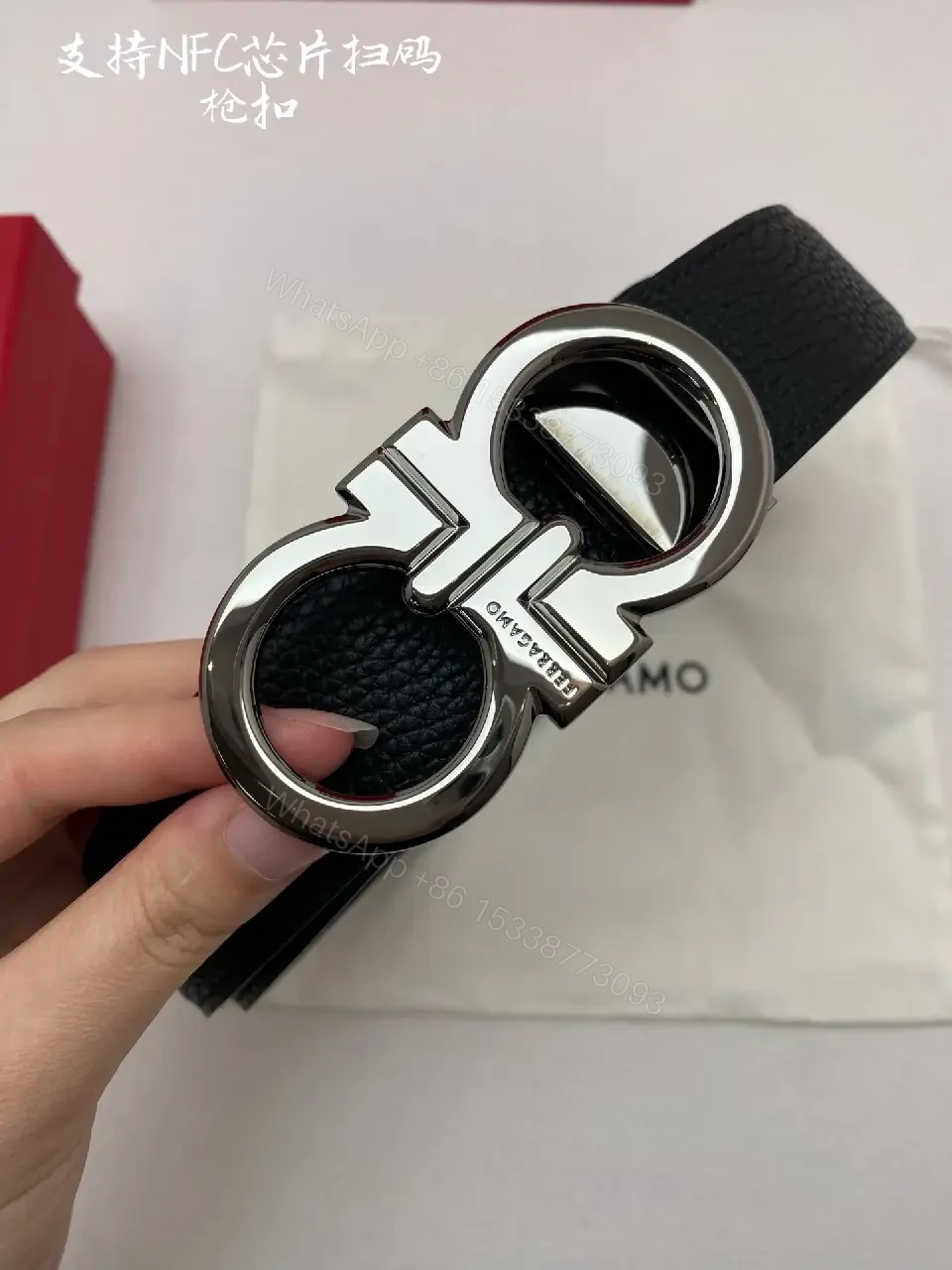 View 2 of Lux Leather Belt with Double-Gancini Buckle - Black Leather, Men’s Style