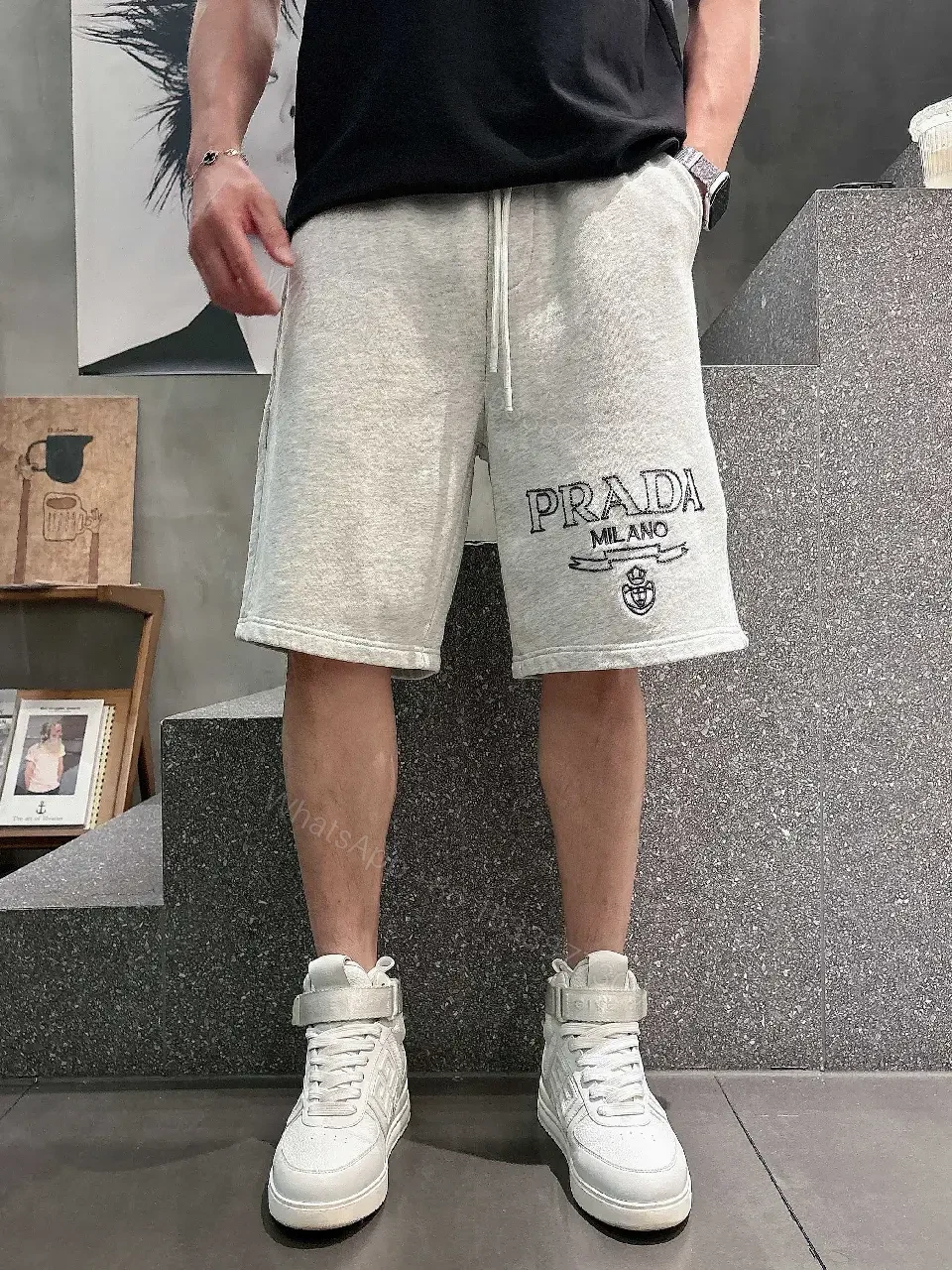 View 9 of Gray Hoodie Shorts Fabric Streetwear Drawstring Shorts