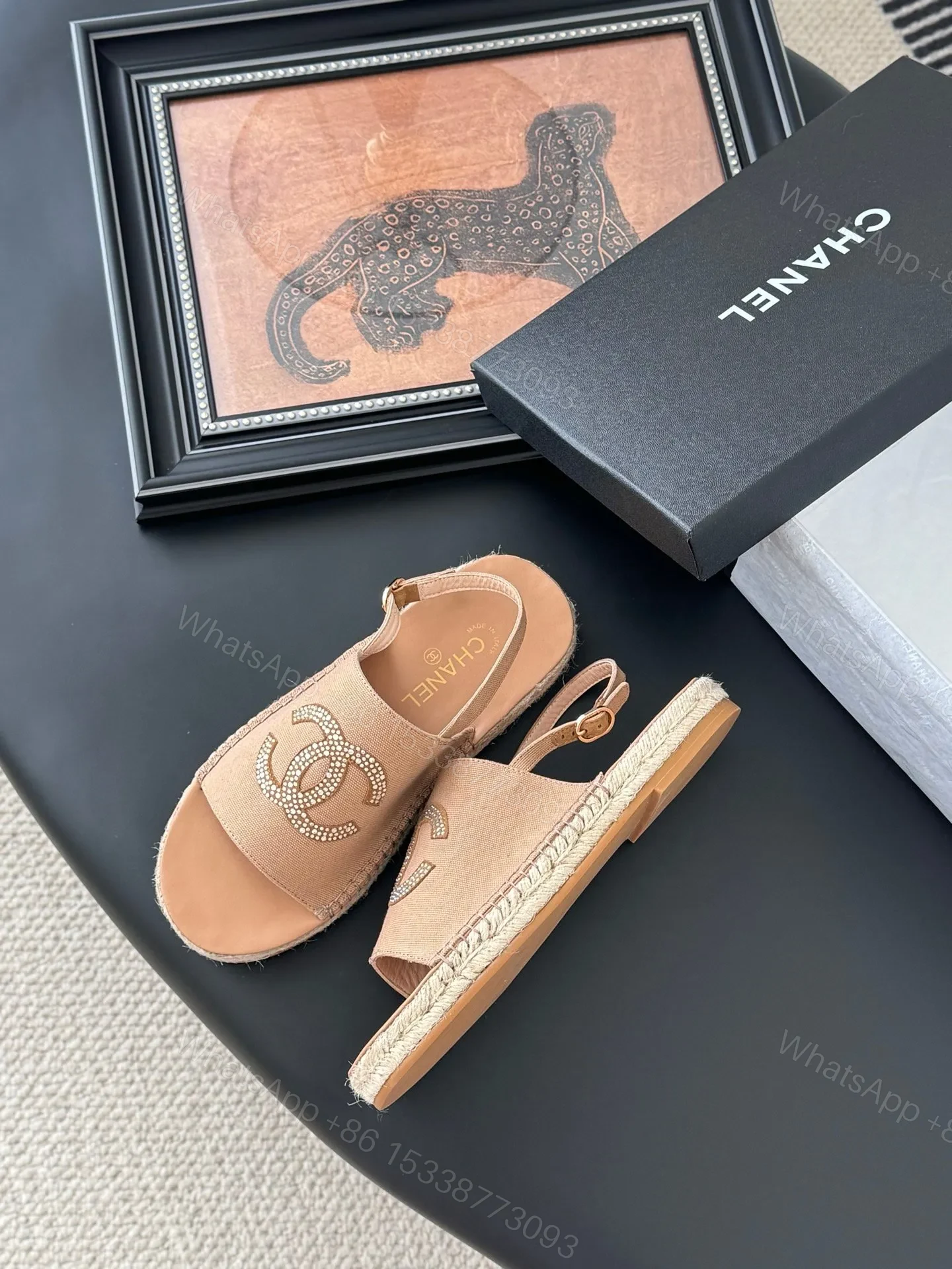 View 4 of Chanel Women Beige Canvas Crystal Logo Sandals