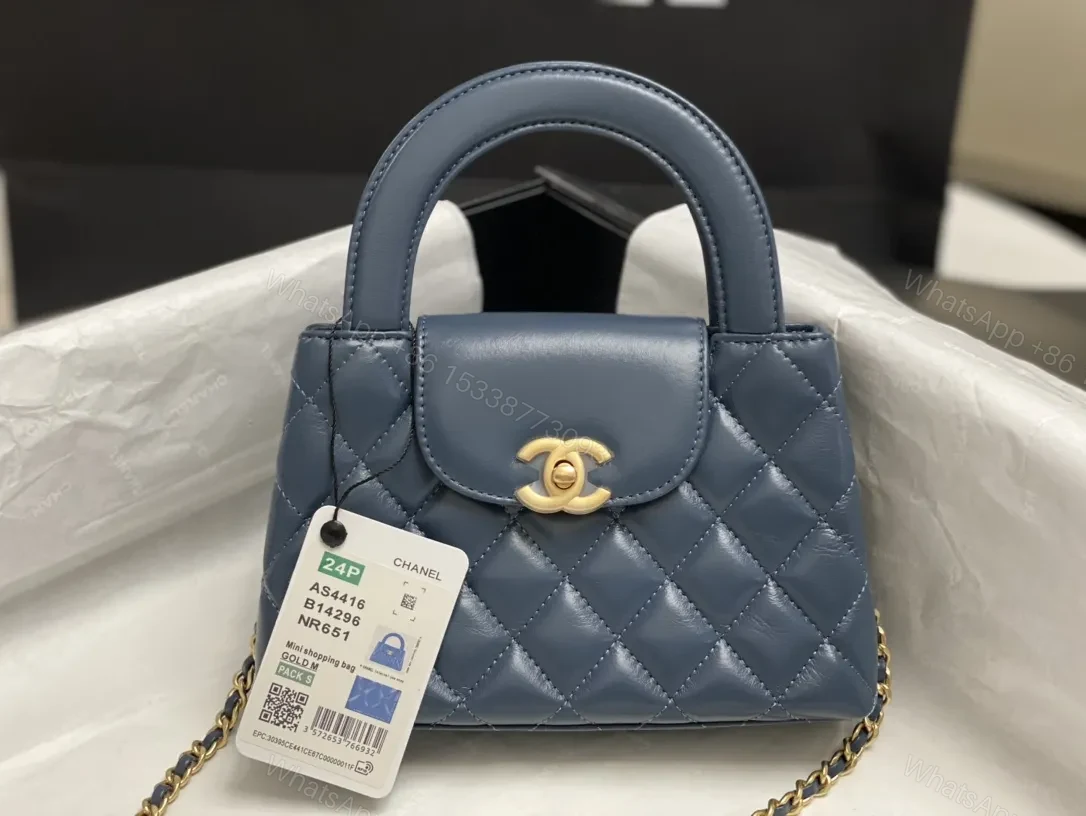 View 4 of Blue Quilted Mini Bag: Structured Luxury, Gold Hardware