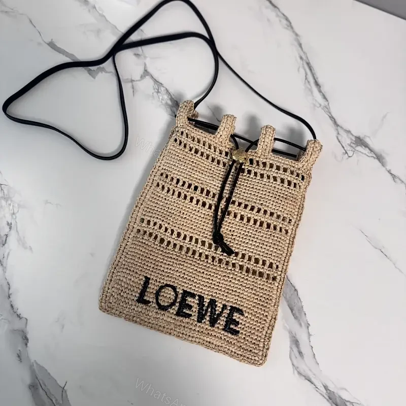 Beige Straw Crochet Bag with LOEWE Logo Drawstring Tote — view 1