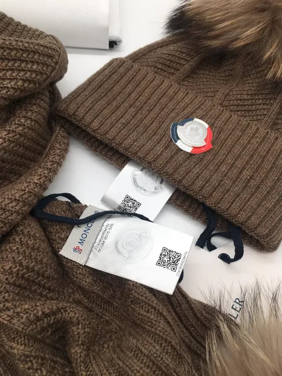 View 3 of Vibrant Red Moncler Knit Set: Scarf & Beanie with Fur Pom-Pom