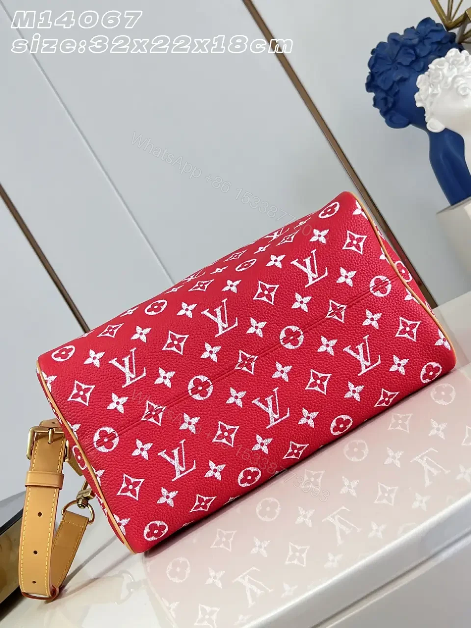 View 3 of Red Monogram-Pattern Leather Tote Bag with Tan Accents and Top Handles